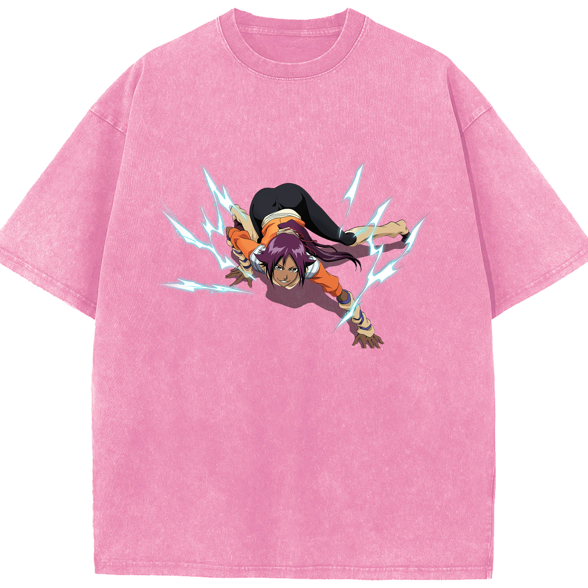 （画像用） ブリーチ 四楓院 夜一（しほういん よるいち） BLEACH Shihouin Yoruichi 綿100% ヴィンテージ風 半袖Tシャツ（フロントプリント）